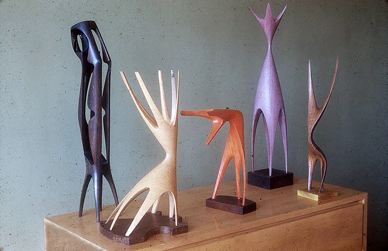 A grouping of early fifties sculptures by Lemon, including “The Feminine One.” From the Dave Lemon and Jerry O’Day collection.