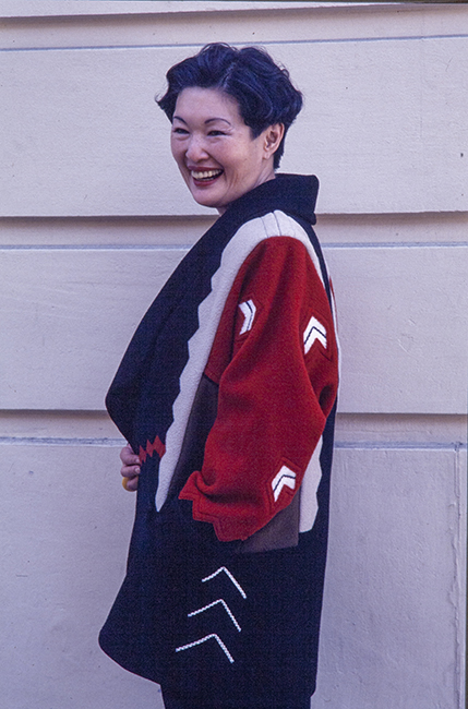 Sandra Sakata modeling Jean Cacicedo's Chevron Jacket, 1997.