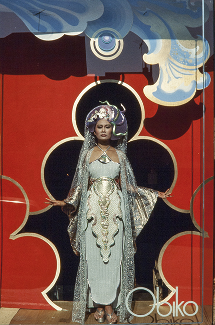Obiko's original storefront on Sacramento St. in San Francisco, mid-1970s. The model, Merle Bulatao, is wearing a piece by Kaisik Wong.