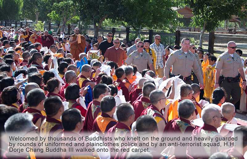 The Buddha and security forces walk a red carpet at Holy Heavenly Lake in 2018. Source: ResponseSource.