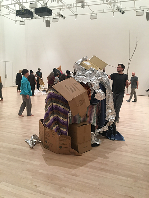 The amorphous forms of the New Age homes that we made out of branches and blankets, covering each other’s bodies as part of Keith Hennessy’s de(composition) workshop at SFMOMA.