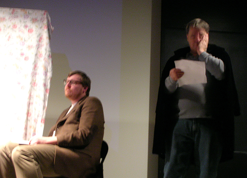 Kevin and I acting in The Date, a play written by me and Sara Larsen. Sara and I played Janis Joplin and Charles Olson, respectively, and Kevin played Robert Duncan. Photo: Alli Warren.
