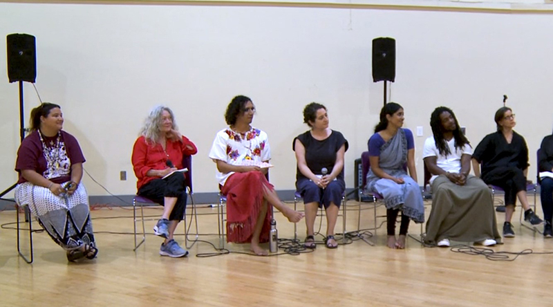 During the <em>Inherited Bodies</em> panel discussion. From left to right: Kanyon Sayers-Roods (Mutsun-Ohlone), Sara Shelton Mann, Snowflake Towers, Claudia La Rocco, Nadhi Thekkek, Jarrel Phillips, and Hope Mohr.