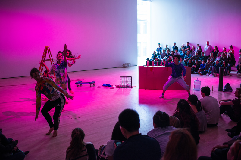 Rashaun Mitchell + Silas Riener’s DESIRE LINES: RETROFIT, performed by Eleanor Hullihan, Cori Kresge, Mina Nishimura, Mitchell, and Riener, January 11-13, 2018, at SFMOMA. Photo: Charles Villyard.