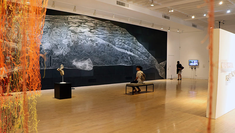Here is the Sea, in the main gallery at the Richmond Art Center, 2019. Here is the Sea brought together artworks that use the ocean and its coasts as a site for investigating the fraught relationship between humans and nature. The exhibition featured work by nine local artists and groups, and included Jos Sances’ lifesize scratchboard drawing of a sperm whale and Dimitra Skandali’s site-specific installation made from discarded fishing nets and seaweed.