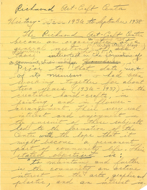 Page 1 from Hazel Salmi’s handwritten notes, c. 1966. These notes were written by Hazel Salmi for the Richmond Art Center’s 30th anniversary celebrations.