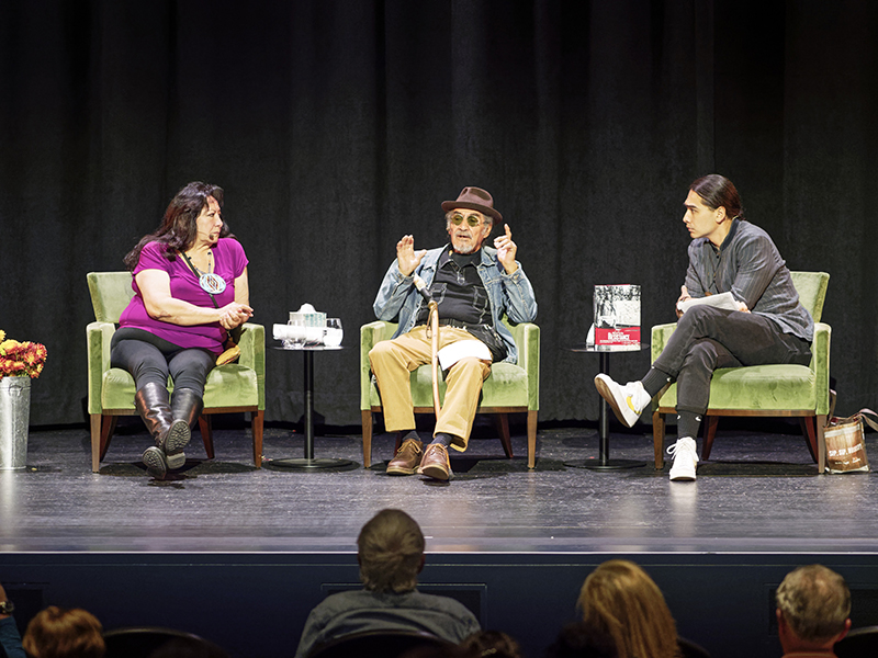 LaNada War Jack, Eloy Martinez, and Julian Brave NoiseCat at "The Occupation of Alcatraz" Fiftieth Anniversary Presentation at the Presidio Theater. Photo: Dan Friedman.