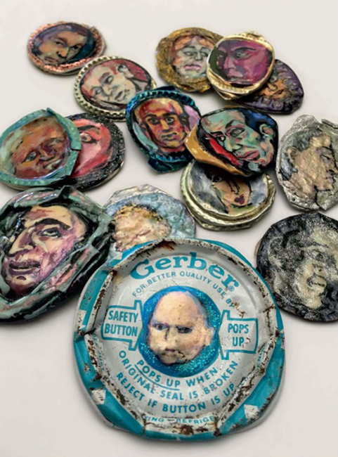 Selected contents from the container painting Untitled, 1993. Nail polish on bottle caps, dimensions variable. Collection Anna van der Meulen.