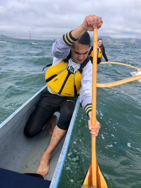 Julian Brave NoiseCat on a practice run in the waters around Alcatraz Island.