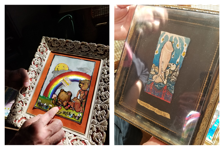 Anthony Cianciolo showing me two of Jerome Caja's artworks.