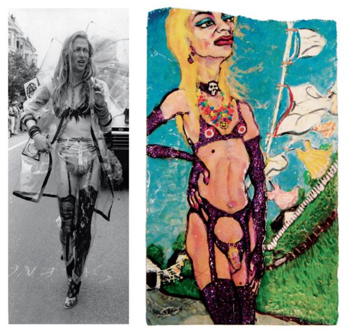Left: Jerome Caja in San Francisco, n.d. Photo by Jim James. Right: Venus in Cleveland, 1995. Nail polish, enamel, and correction fluid on paper, 9 x 7 inches. Archives of American Art, Smithsonian Institution.