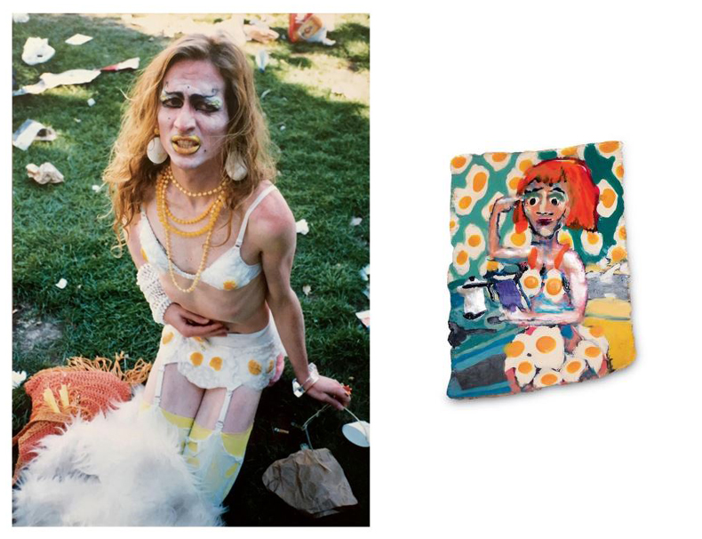 Left: Jerome Caja wearing sunny-side-up egg outfit, n.d. Unknown photographer. Right: Jerome Caja, Untitled, n.d. Nail polish on paper, 2 x 1 1/2 inches. Collection Anthony Cianciolo.