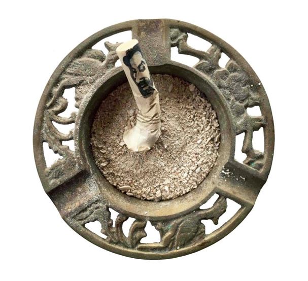 Jerome Caja, Untitled, n.d. Painted cigarette butt and Charles Sexton's ashes in metal ashtray, 3 1/2 inches diameter x 1/2 inch. Collection Scott D. England.