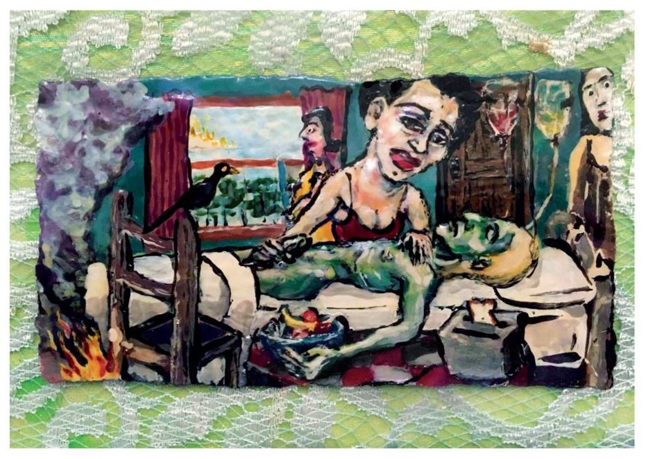 Jerome Caja, The Last Hand Job, 1993. Nail polish on paper, lace, and satin in wood frame, 3 x 5 1/2 inches (unframed), 8 1/2 x 10 1/2 x 2 inches (framed). Collection Anna van der Muelen.