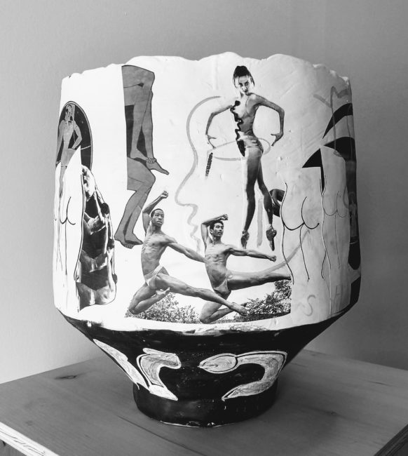 Catherine Fairbanks, <em>Adam Weinert Does Ted Shawn</em>, 2019; high fire ceramic, paper, gouache, matte medium. Image courtesy Adam Novak and Karl Burkart.