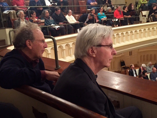 Nathaniel Dorsky and Jerome Hiler attending a concert at St. Mark's Church in San Francisco, 2017. Photo: Anne Waldman.