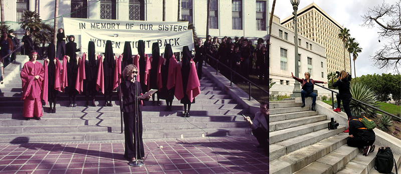 Left: Suzanne Lacy on the steps of Los Angeles City Hall for the work In Mourning and In Rage in 1977; Right: Suzanne at the same site, for interview with SFMOMA in 2019.
