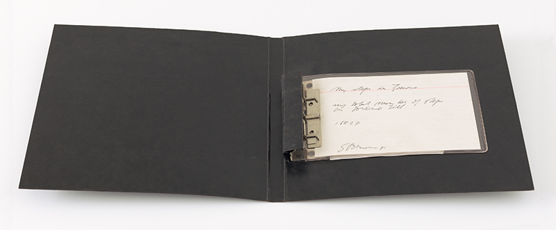 2.stanley brouwn, My Steps in Torino—My total number of steps in Torino: 16,827, 1971. Index card, ink, portfolio binder, and plastic sleeve The Panza Collection. Purchase, by exchange, through the bequest of J.D. Zellerbach and gifts of Mrs. Charles DeYoung Elkus, Mr. and Mrs. William C. Janss, Mr. and Mrs. Alfred Jaretzki, Jr., Harriet Lane Levy, and anonymous donors, and the Accessions Committee Fund. © stanley brouwn; Photographer: Katherine Du Tiel. stanley brouwn, My Steps in Torino—My total number of steps in Torino: 16,827, 1971. Index card, ink, portfolio binder, and plastic sleeve The Panza Collection. Purchase, by exchange, through the bequest of J.D. Zellerbach and gifts of Mrs. Charles DeYoung Elkus, Mr. and Mrs. William C. Janss, Mr. and Mrs. Alfred Jaretzki, Jr., Harriet Lane Levy, and anonymous donors, and the Accessions Committee Fund. © stanley brouwn; Photographer: Katherine Du Tiel.