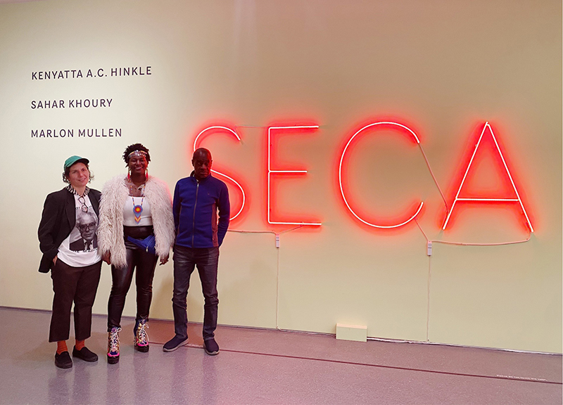 From left to right: Sahar Khoury, Kenyatta A.C. Hinkle, and Marlon Mullen, recipients of the 2019 SECA Art Award.