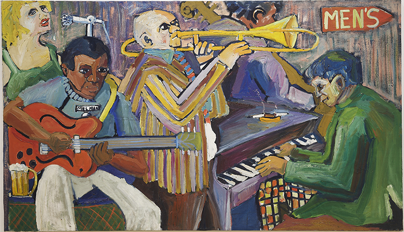 Mike Henderson, Me and the Band, c. 1968; oil on canvas, 55 x 96 inches. Courtesy of the artist and Haines Gallery, San Francisco.