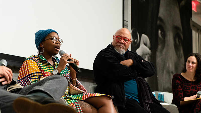 From left to right: Zoé Samudzi, Dewey Crumpler, Chloe Veltman. Photo: Alexander Lim, courtesy of KQED.