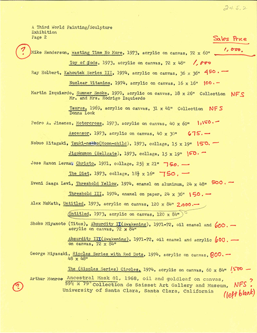 Exhibition list for A Third World Painting/Sculpture Exhibit, 1974.