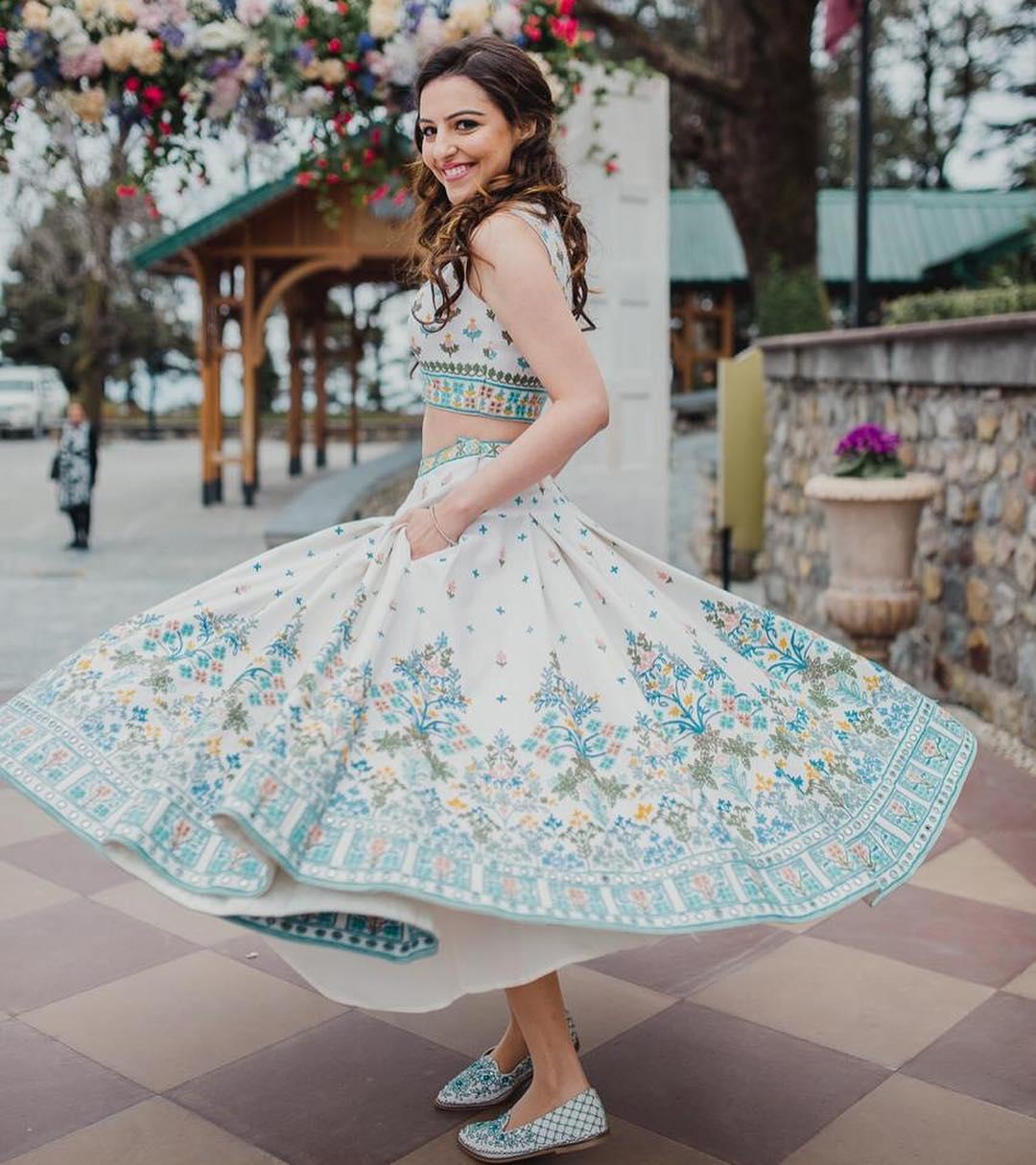 Elegant White and Blue Short Lehenga - Shaadiwish