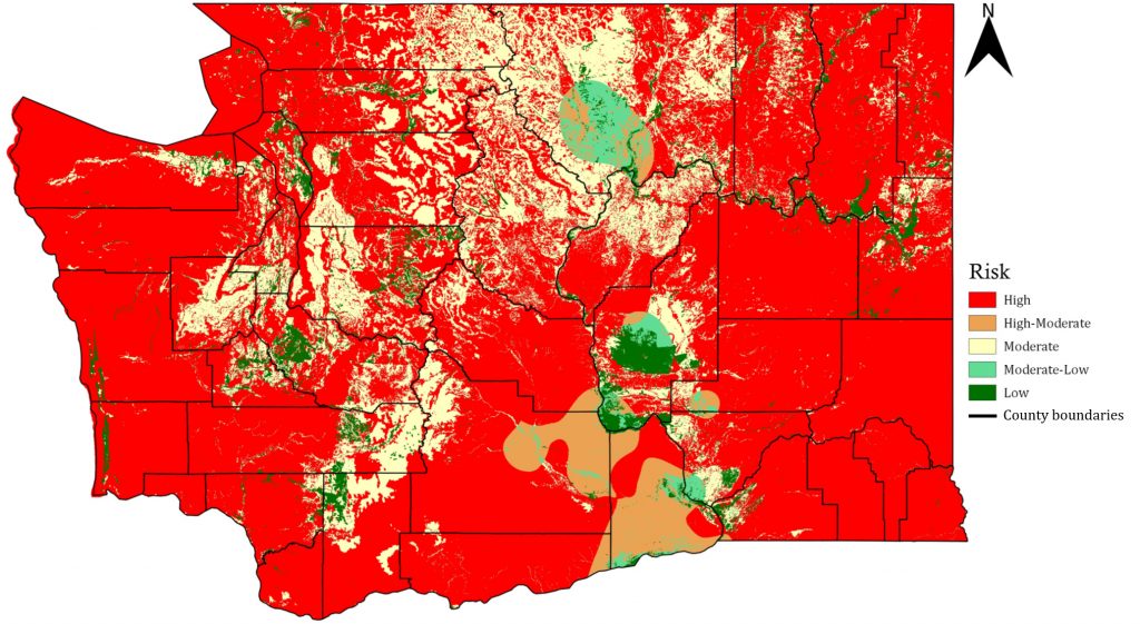 e state of Washington and all of its counties, overlaid with a risk assessment for suitability for phylloxera development based on soil sand content ant temperature.