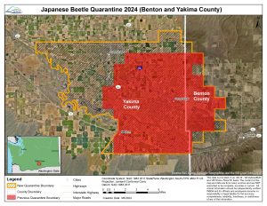 A map of Benton and Yakima Counties, WA, showing where the Japanese Beetle Quarantine zone is located.