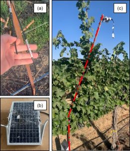 Various environmental sensors shown both in the laboratory, and installed in a vineyard canopy.
