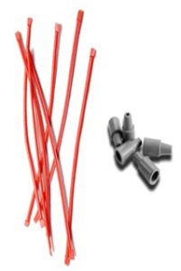 Red twist ties and grey cap-like lures.