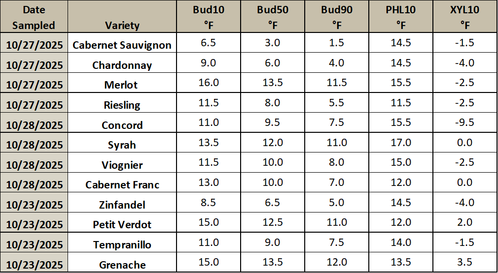 This is an image of a table listing different grapevine varieties, and the temperature thresholds at which they will have 10, 50 or 90% of their primary buds die. It also includes the temperature thresholds for which 10% of the phloem and xylem will die.