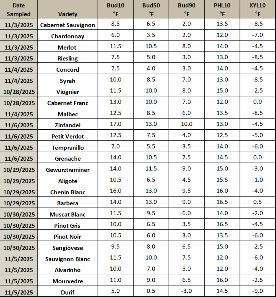 This is an image of a table listing different grapevine varieties, and the temperature thresholds at which they will have 10, 50 or 90% of their primary buds die. It also includes the temperature thresholds for which 10% of the phloem and xylem will die.