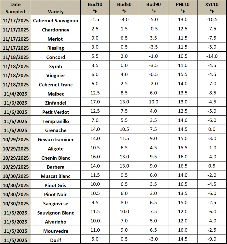 This is an image of a table listing different grapevine varieties, and the temperature thresholds at which they will have 10, 50 or 90% of their primary buds die. It also includes the temperature thresholds for which 10% of the phloem and xylem will die.