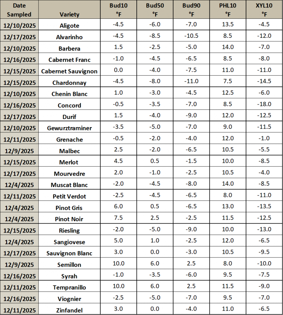 This is an image of a table listing different grapevine varieties, and the temperature thresholds at which they will have 10, 50 or 90% of their primary buds die. It also includes the temperature thresholds for which 10% of the phloem and xylem will die.