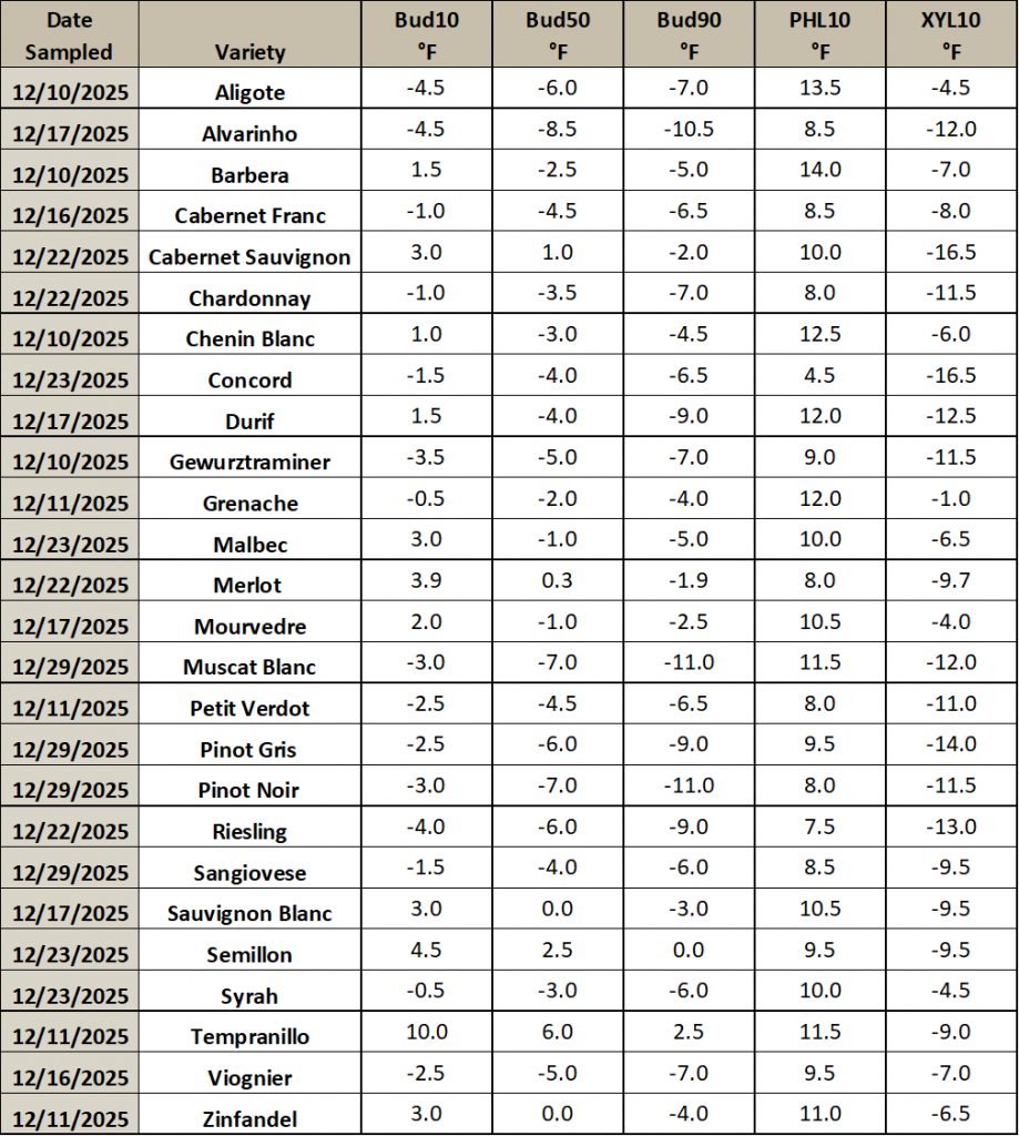 This is an image of a table listing different grapevine varieties, and the temperature thresholds at which they will have 10, 50 or 90% of their primary buds die. It also includes the temperature thresholds for which 10% of the phloem and xylem will die.
