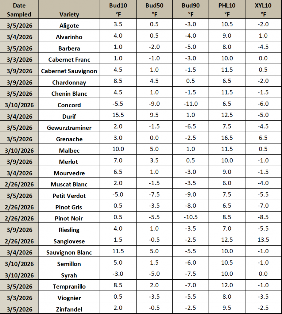 This is an image of a table listing different grapevine varieties, and the temperature thresholds at which they will have 10, 50 or 90% of their primary buds die. It also includes the temperature thresholds for which 10% of the phloem and xylem will die.