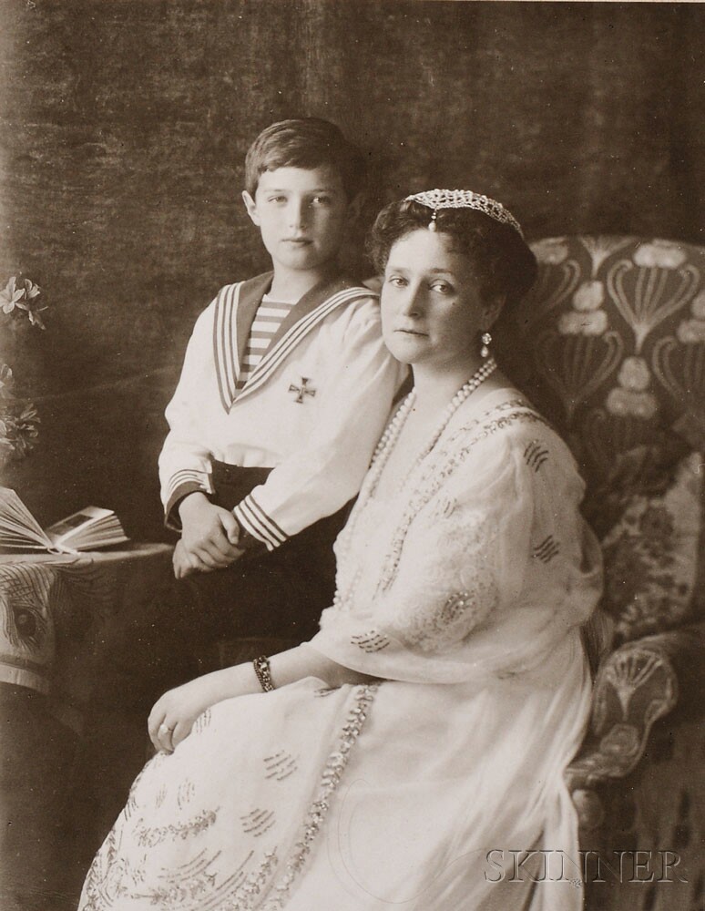 The Boisson and Eggler Workshop (St. Petersburg, Early 20th Century) Empress Alexandra Fodorovna and Tsarevich Alexei Nikolaevich, collodion print, c. 1914 (Lot 351, Estimate $800-$1,200)