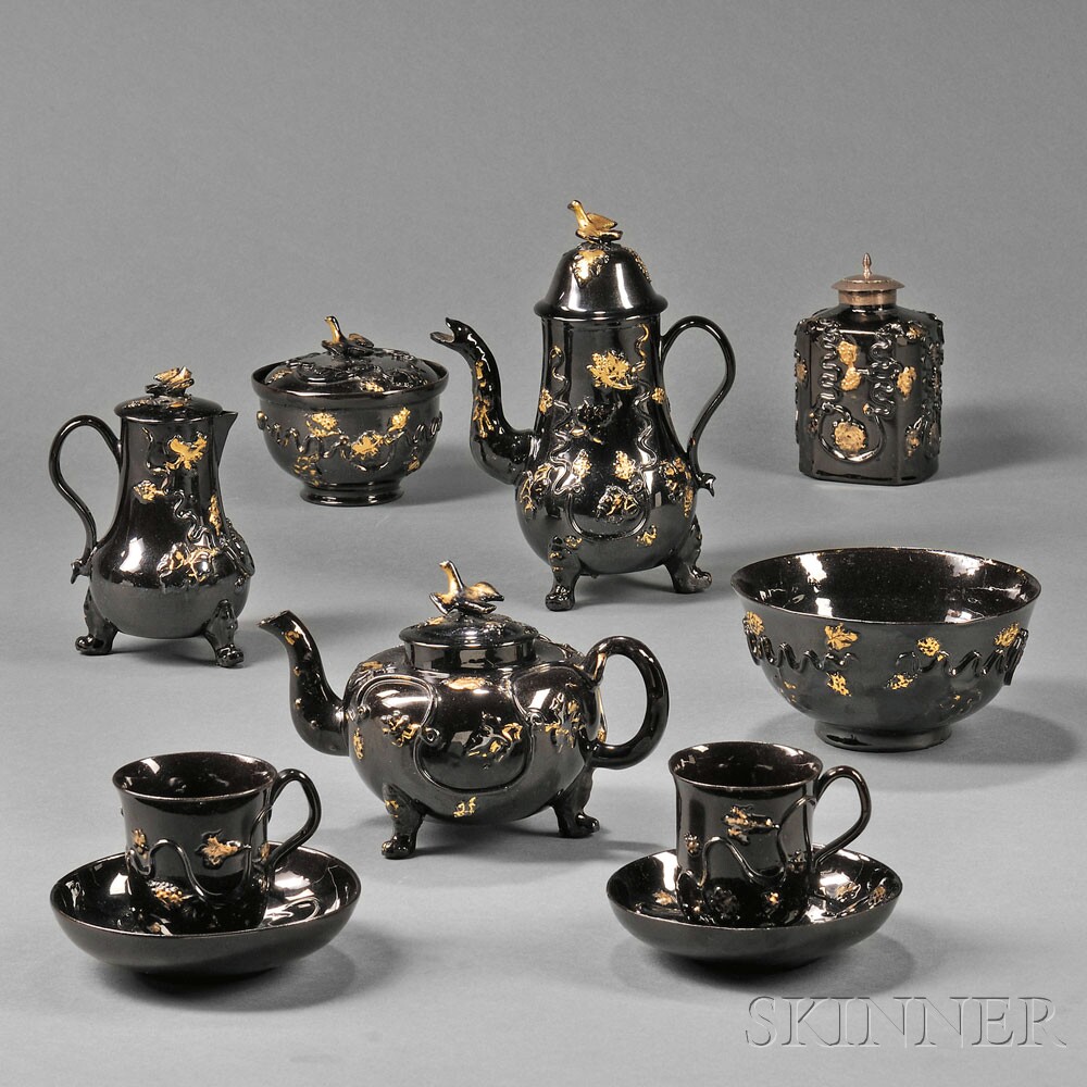 Staffordshire Jackfield Black Glazed Redware Partial Tea and Coffee Service, (Lot 1057, Estimate $4,000-$6,000)