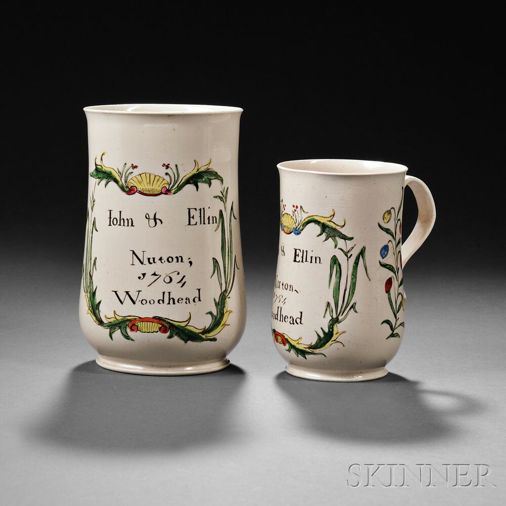 Two Staffordshire Enameled Salt Glazed Stoneware Commemorative Tankards, estimate $3,000-5,000