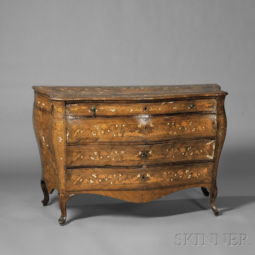 Italian Rococo Inlaid Walnut Chest of Drawers, (Lot 63, Estimate $4,000-$6,000)