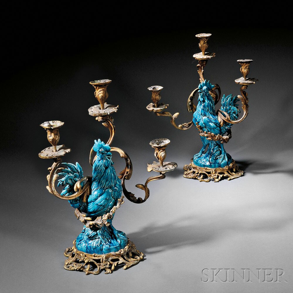 Pair of French Porcelain and Dore Bronze Three-light Candelabra, (Lot 7, Estimate $1,000-$1,500)
