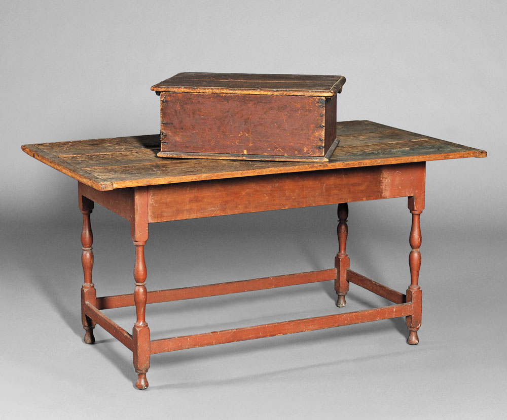 Large Maple and Pine Tavern Table (Lot 230, Estimate $1,000-$1,500), and a Red- painted Bible Box (Lot 231, Estimate $400-$600)