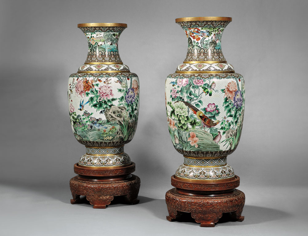 Pair of Monumental Cloisonne Vases and Wood Stands, China, 20th century (Lot 396, Estimate $5,000-$7,000)