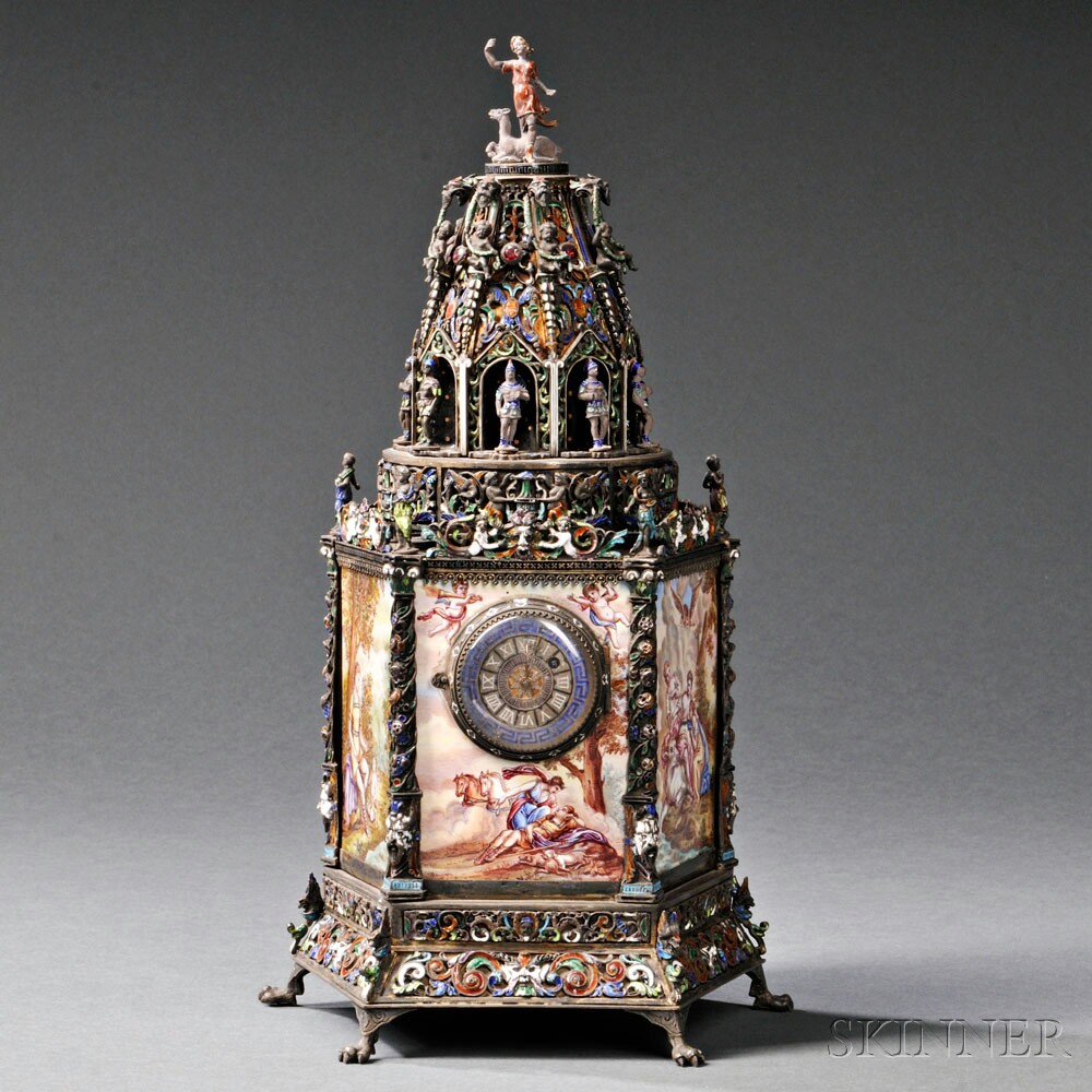 Viennese Silver and Enamel Tower-form Timepiece, Austria, c. 1880, attributed to Hermann Bohm (Lot 159, Estimate $7,000-$9,000)