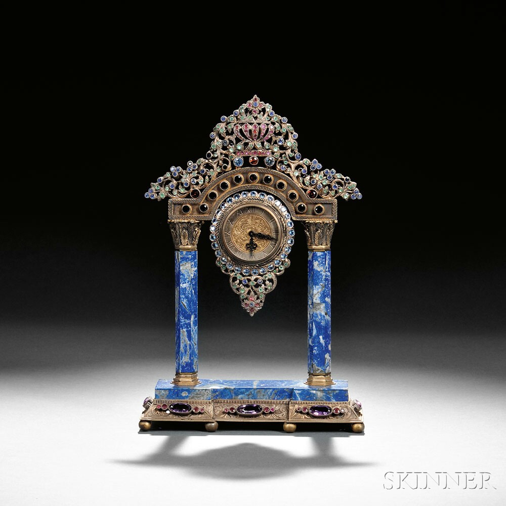Continental Silver, Gilt-metal, Lapis Lazuli, and Jewel-encrusted Mantel Clock, late 19th century (Lot 161, Estimate $3,000-$5,000)