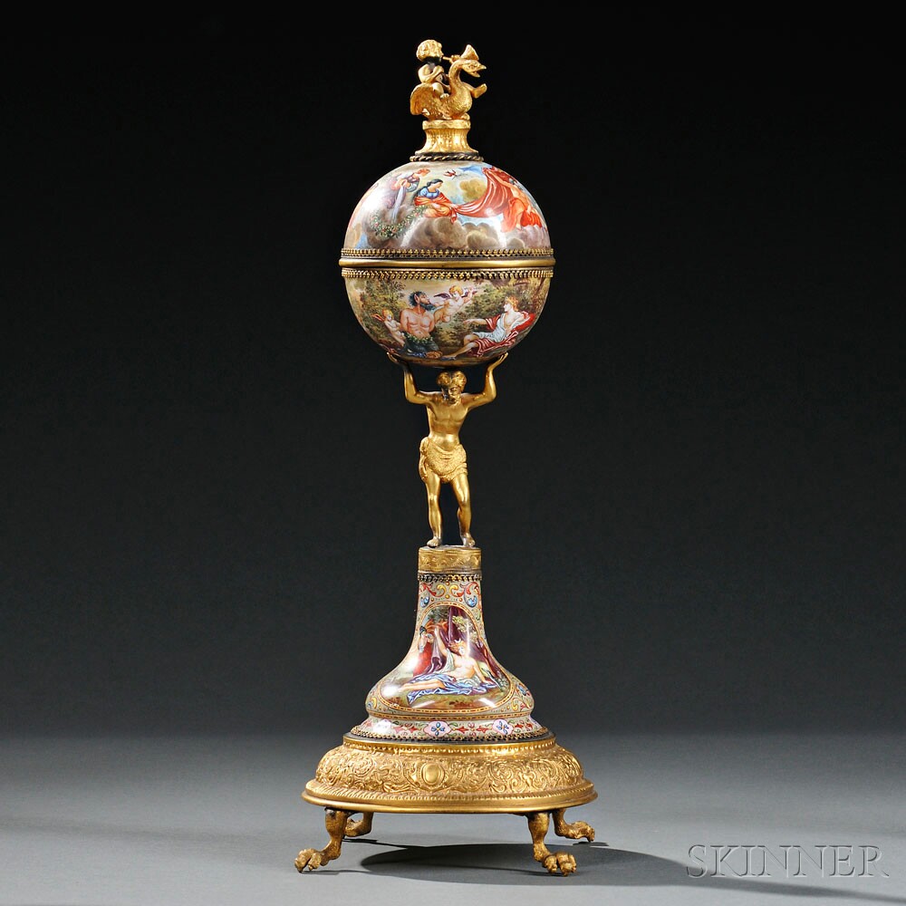 Viennese Gilt-metal and Enamel Figural Clock, Austria, late 19th century (Lot 163, Estimate $7,000-$9,000)