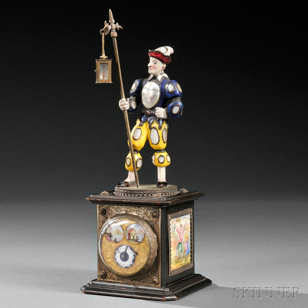 Viennese Silver, Enamel, and Freshwater Pearl Figural Clock, Austria, late 19th century (Lot 178, Estimate $2,000-$3,000)