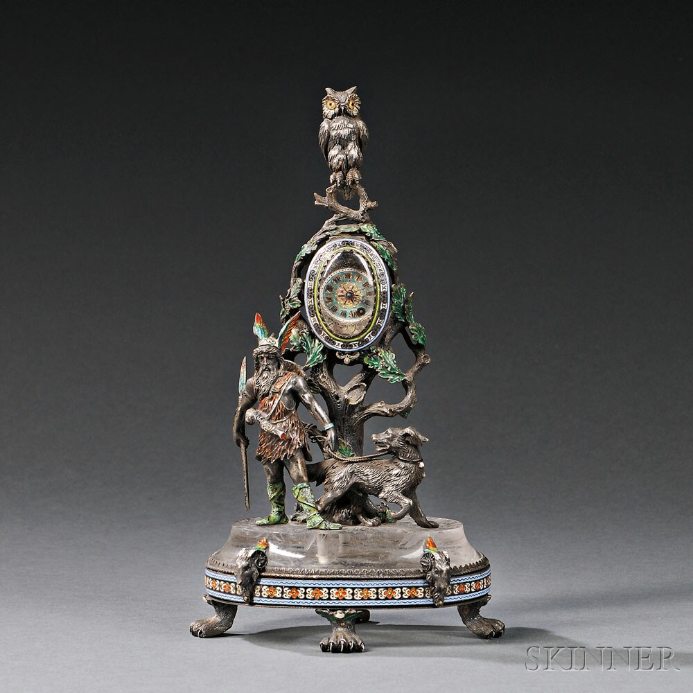 Viennese Silver, Enamel, and Rock Crystal Figural Clock, Austria, late 19th century, by Karl Rossler (Lot 184, Estimate $5,000-$7,000)