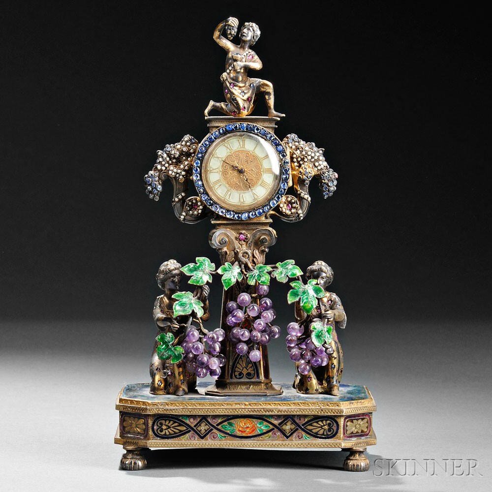 Viennese Silver, Enamel, Lapis, and Amethyst Figural Clock, Austria, late 19th century (Lot 200, Estimate $3,000-$5,000)